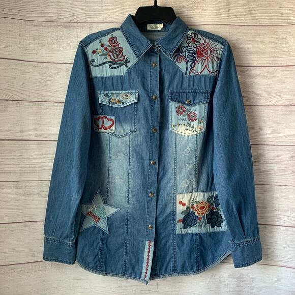 Tasha Polizzi Collection Denim Jean Button Up Shirt Embroidered Patchwork Size M - Picture 2 of 16